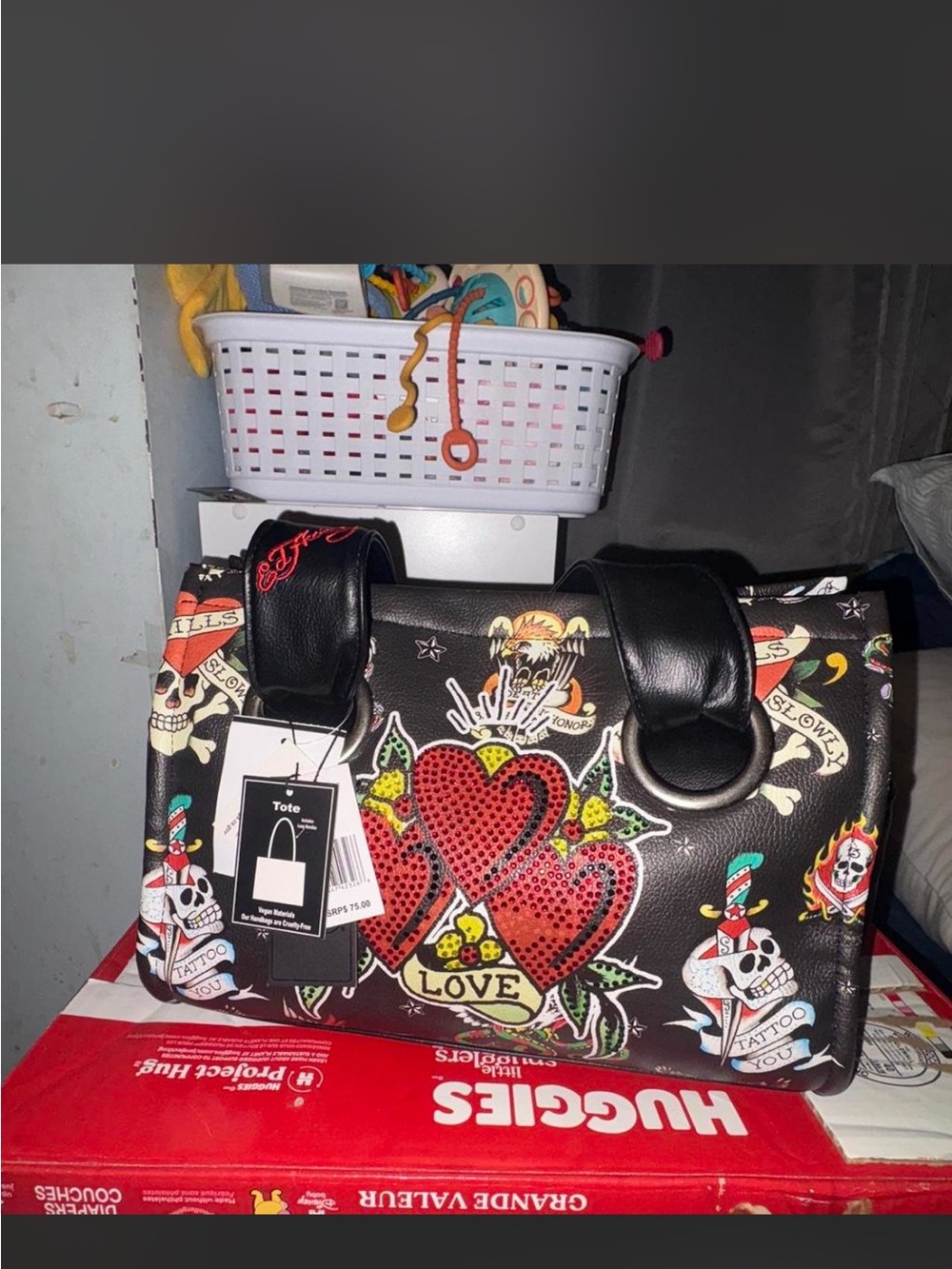 Black Heart-Print Ed hardy Tote Bag with Love Graphic